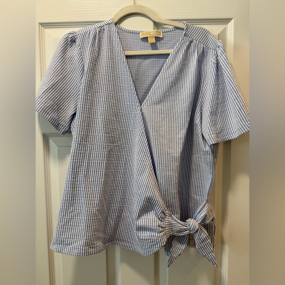 Michael Kors Blue and White Striped Wrap Tie Short Sleeve Top